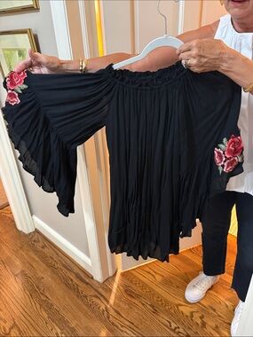 She + Sky Black Off-Shoulder Tunic with Pink Rose Embroidery